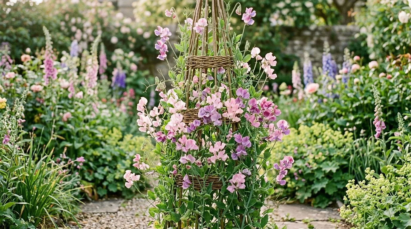 March-planted sweet peas growing up a willow obelisk in a cottage garden with soft spring sunlight