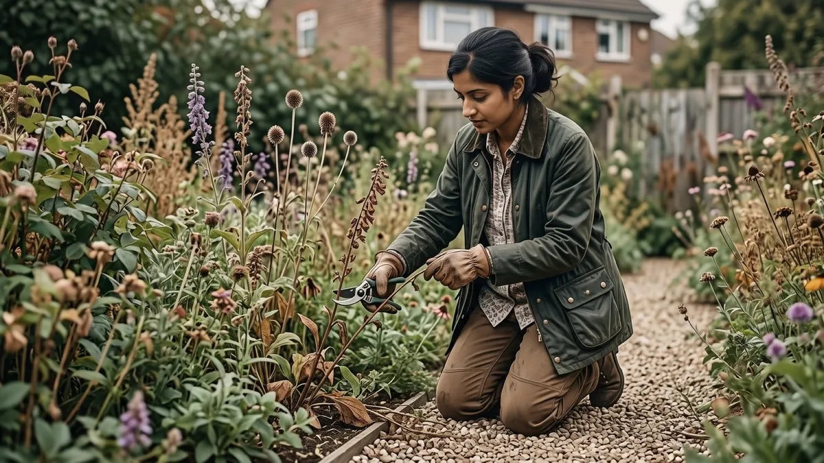 Gardener editing an established cottage-style border