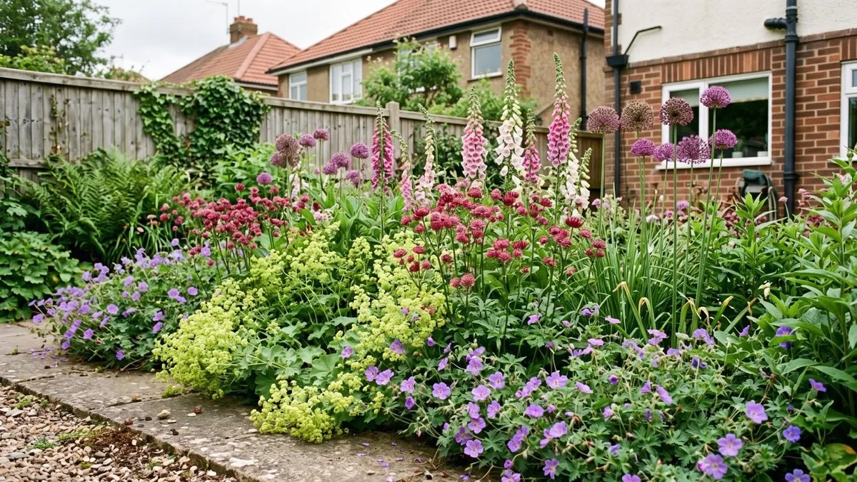 Layered border with ground cover, perennials and tall accents