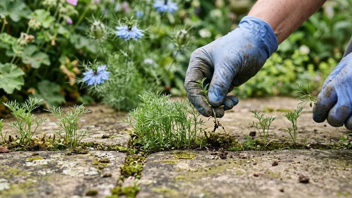 Gloved hands thinning self-sown nigella seedlings