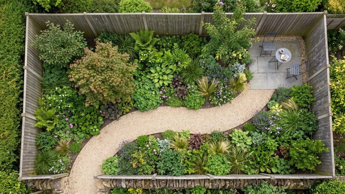 Overhead plan of a 3m by 5m cottage-style garden