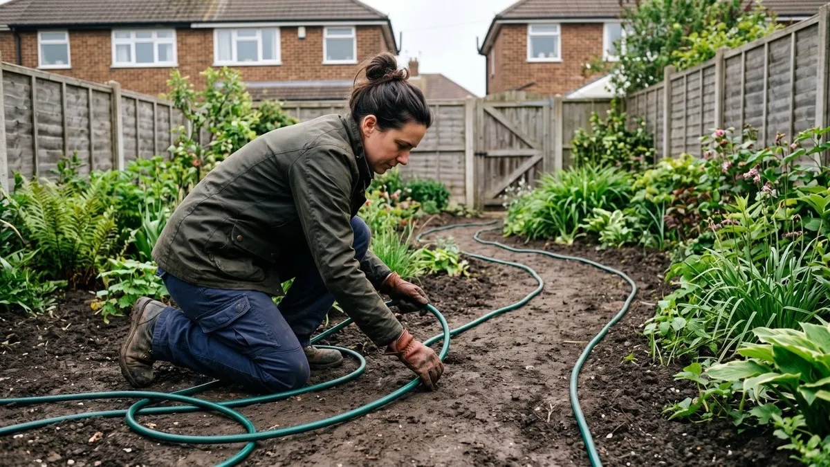 Gardener marking a winding path with a hose in a small UK garden