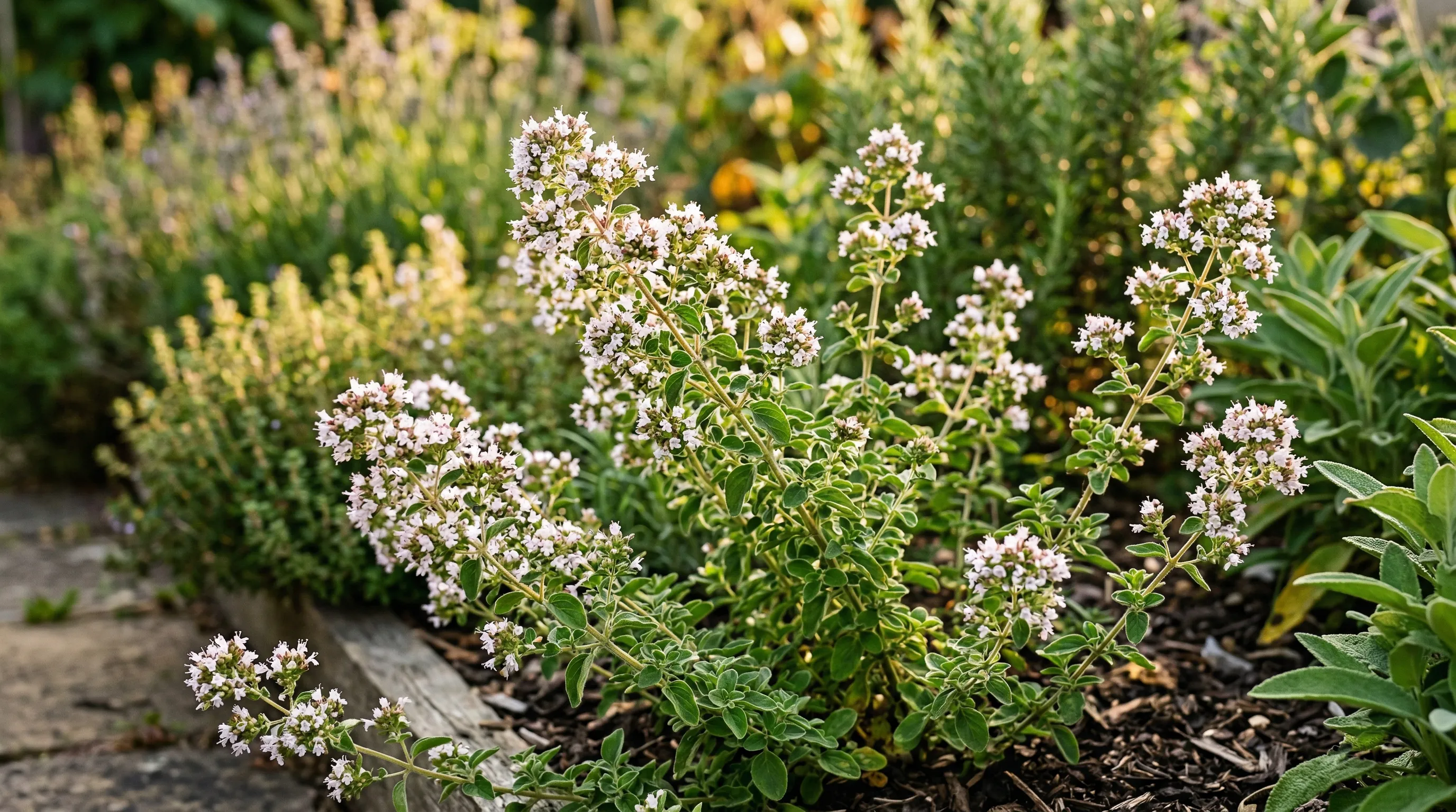 Marjoram plant with small white-pink knotted flowers growing in a sunny UK herb garden