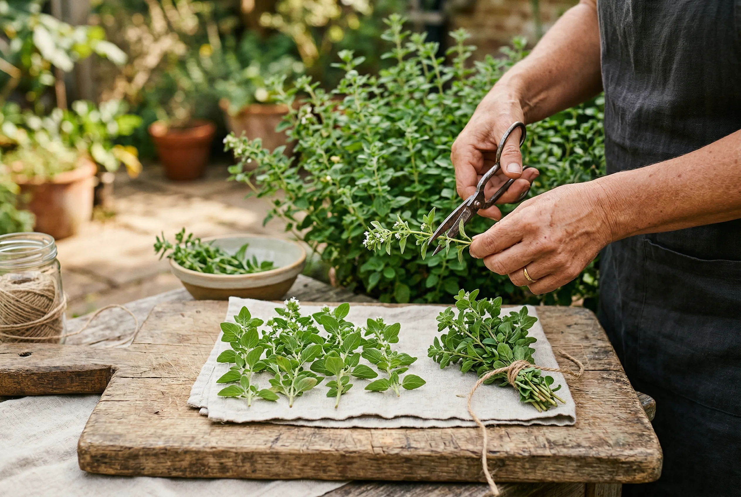 Fresh marjoram sprigs being harvested and laid out to dry on a rustic wooden board