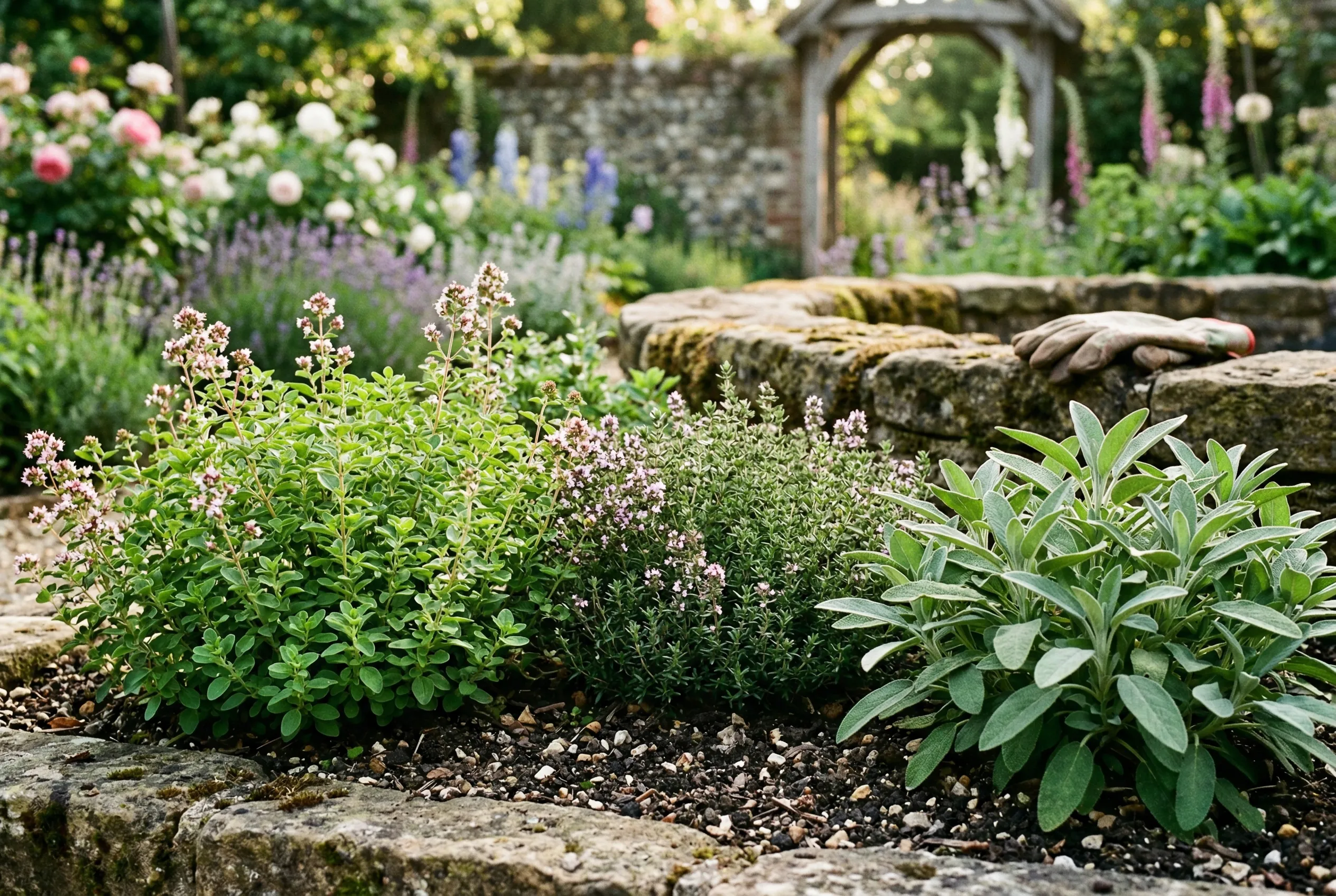 Marjoram growing alongside thyme and sage in a raised herb bed with stone edging in a UK cottage garden