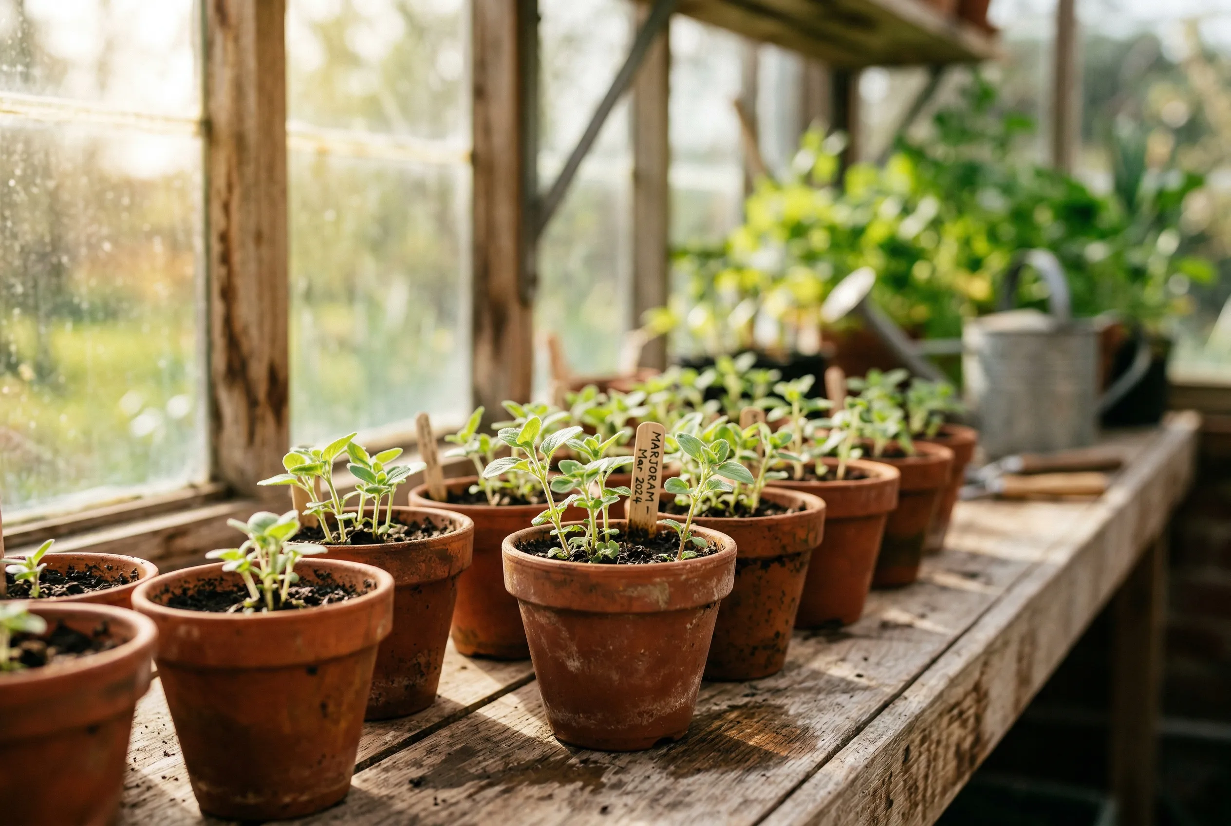 Marjoram seedlings in small terracotta pots on a greenhouse bench ready for planting out in spring