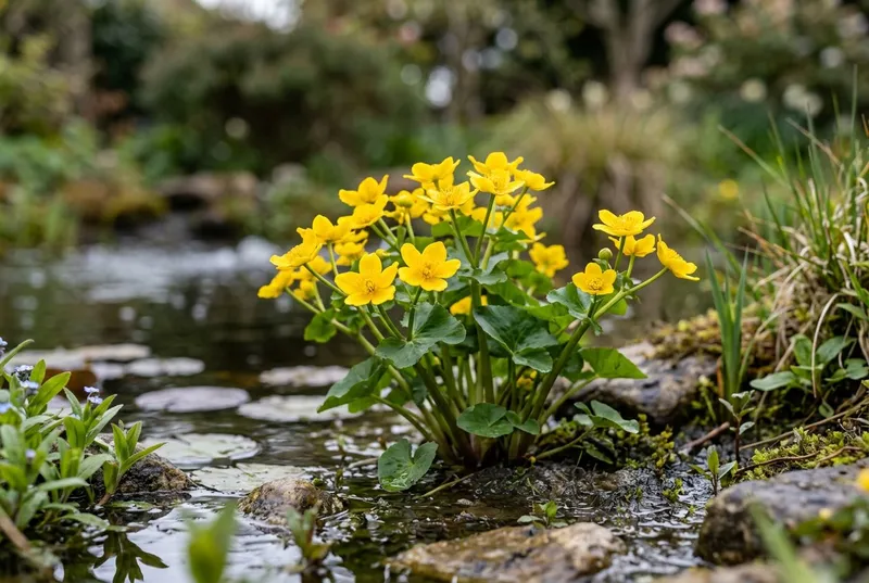 Marsh Marigold (Caltha palustris) growing in a UK garden