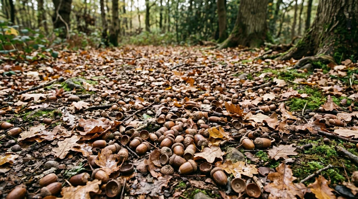A thick carpet of fallen acorns covering woodland ground in a mast year