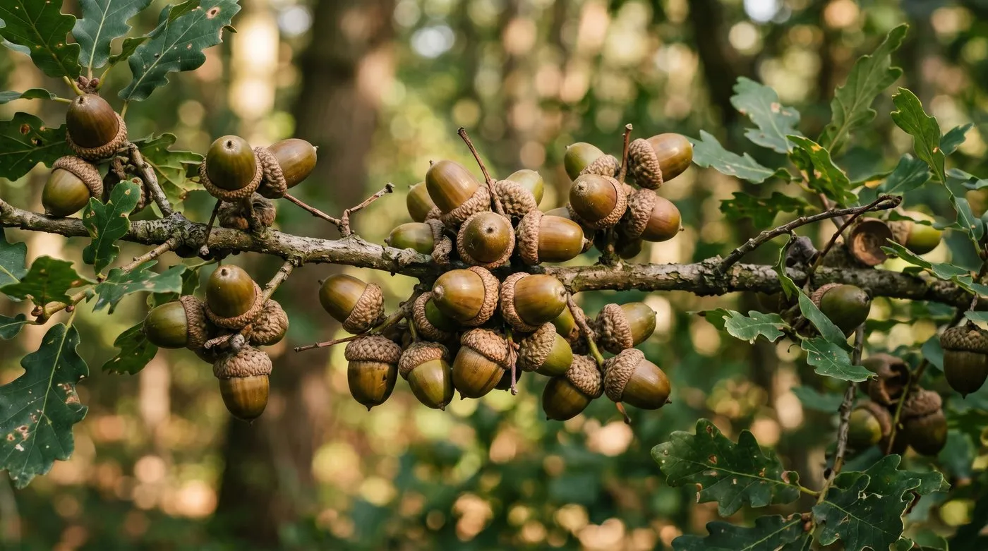 A pedunculate oak branch heavy with ripe acorns in a UK mast year