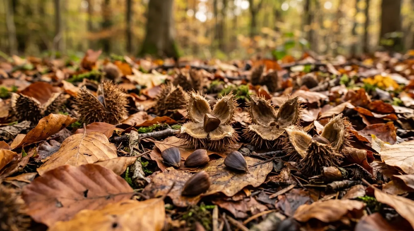 Beech mast husks and triangular nuts scattered on a woodland floor