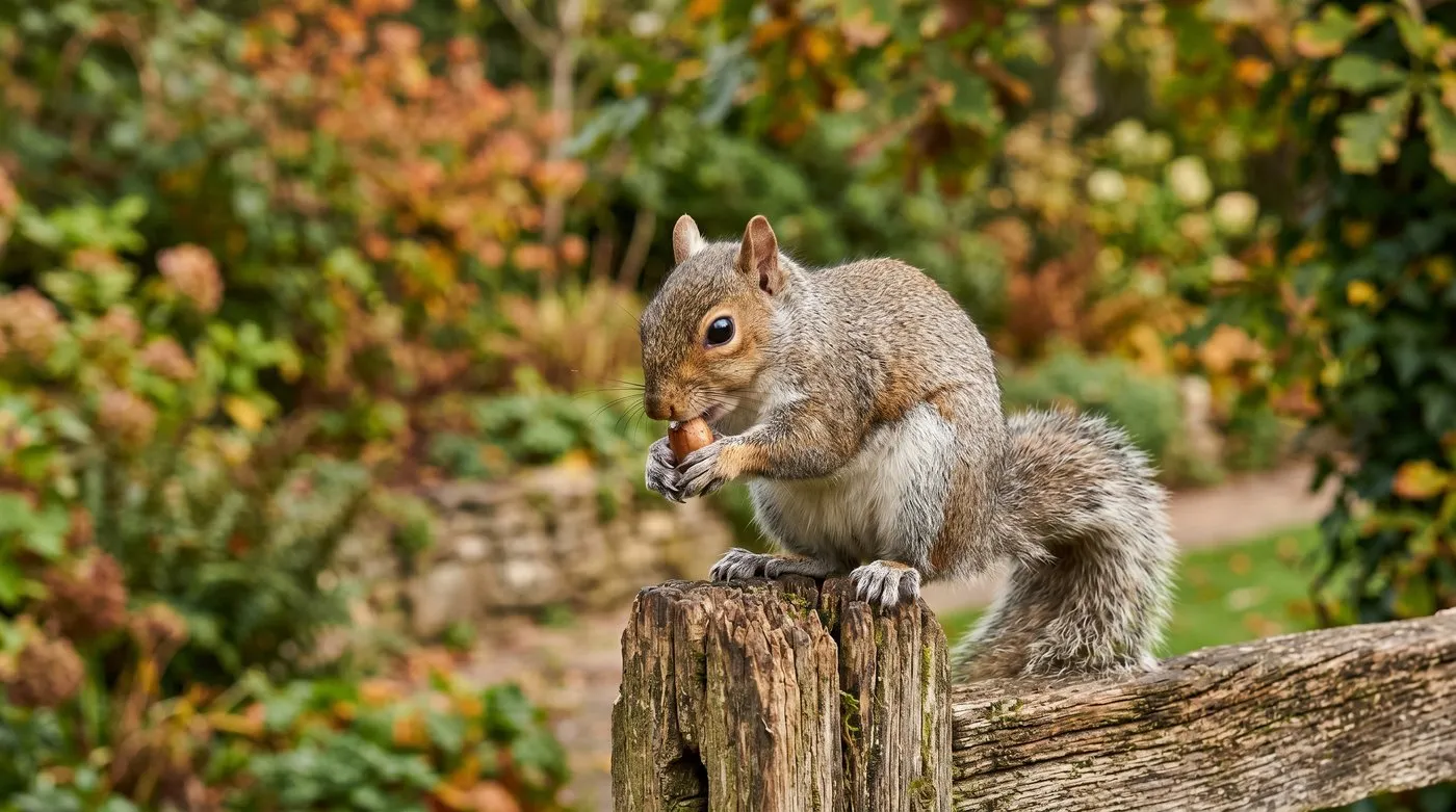 A grey squirrel feeding on an acorn on a garden fence post in autumn