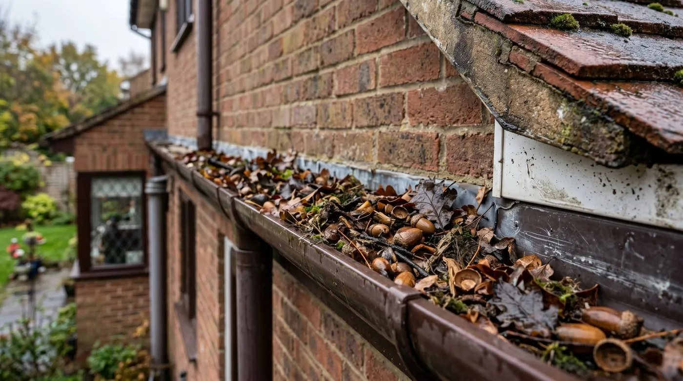 Acorns and oak debris collected in a blocked gutter on a suburban house
