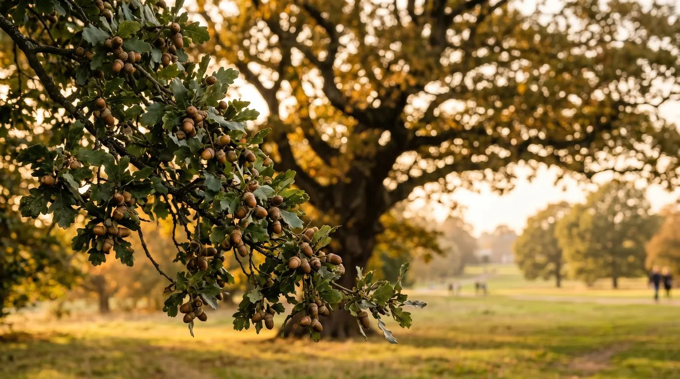 A pedunculate oak heavy with acorns in a UK mast year, golden autumn light