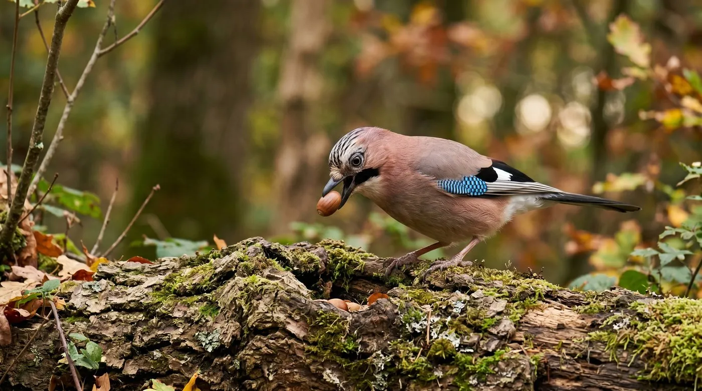 A Eurasian jay holding an acorn in its beak about to cache it
