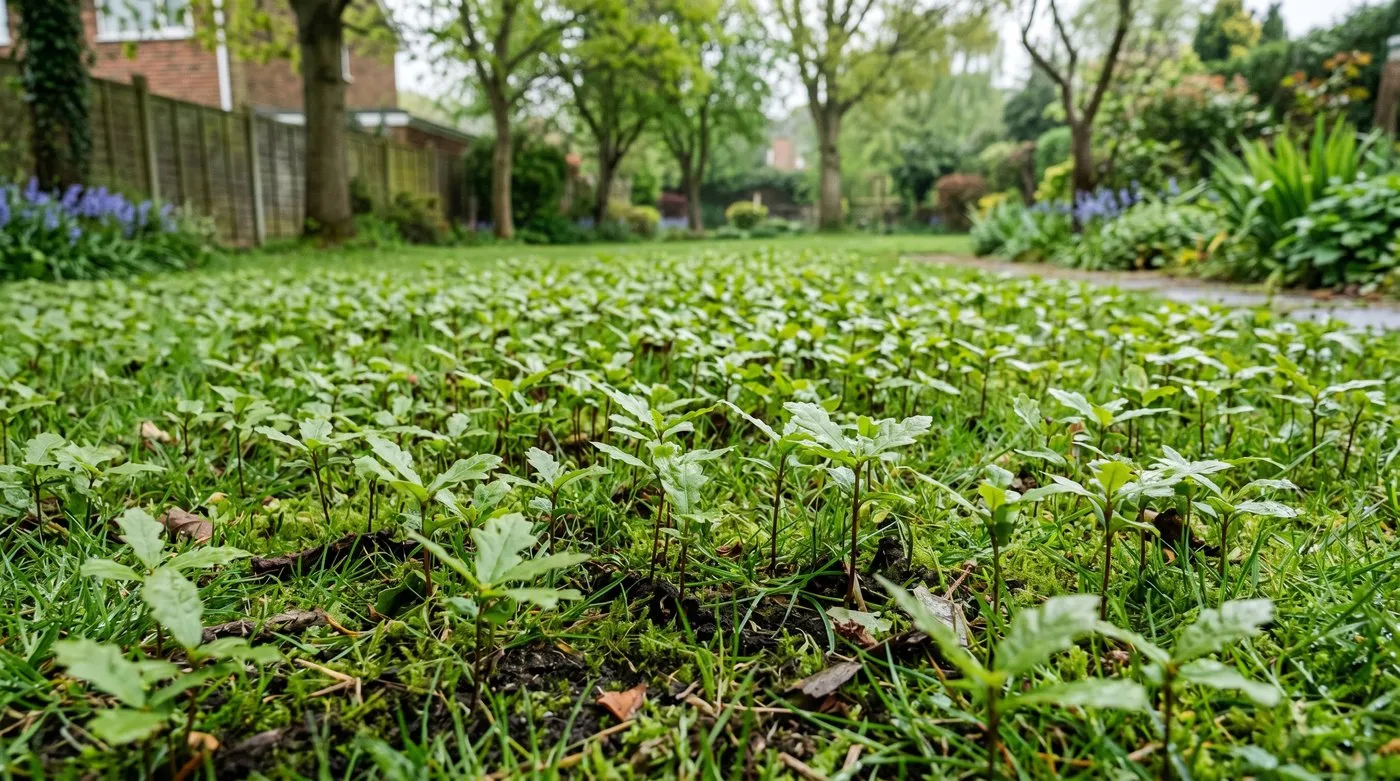 A dense carpet of young oak seedlings emerging in a garden lawn in spring