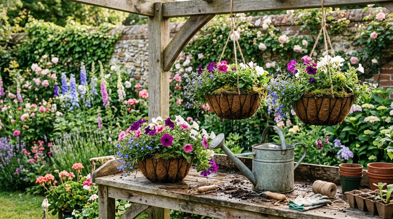 May hanging baskets with trailing petunias and lobelia on a potting bench