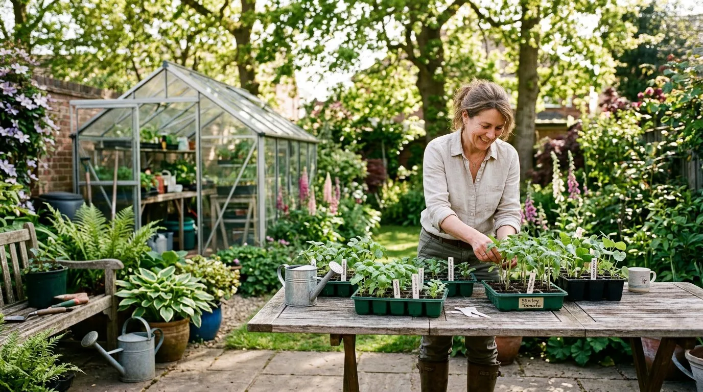 Gardener hardening off trays of tender seedlings on a patio table on a warm May afternoon
