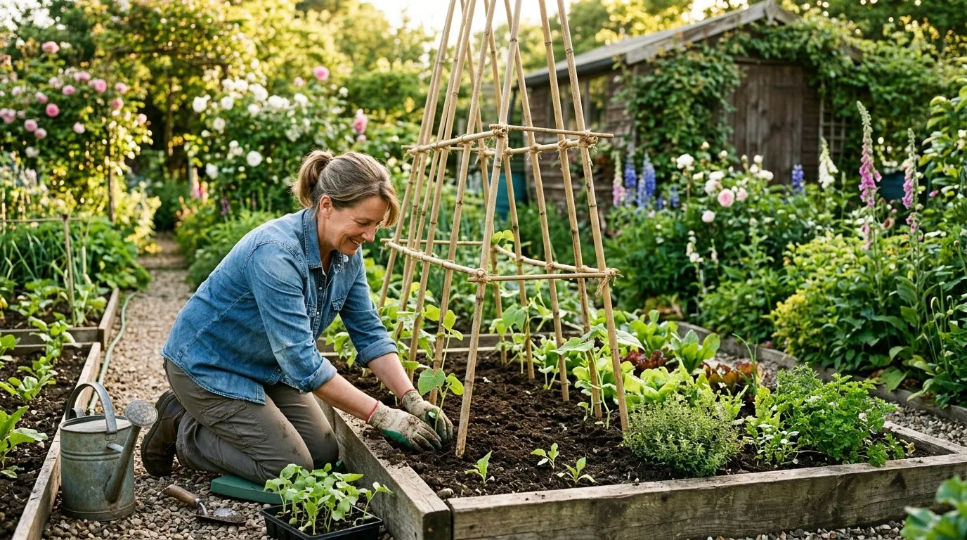 May planting: runner bean seedlings at the base of a bamboo cane wigwam