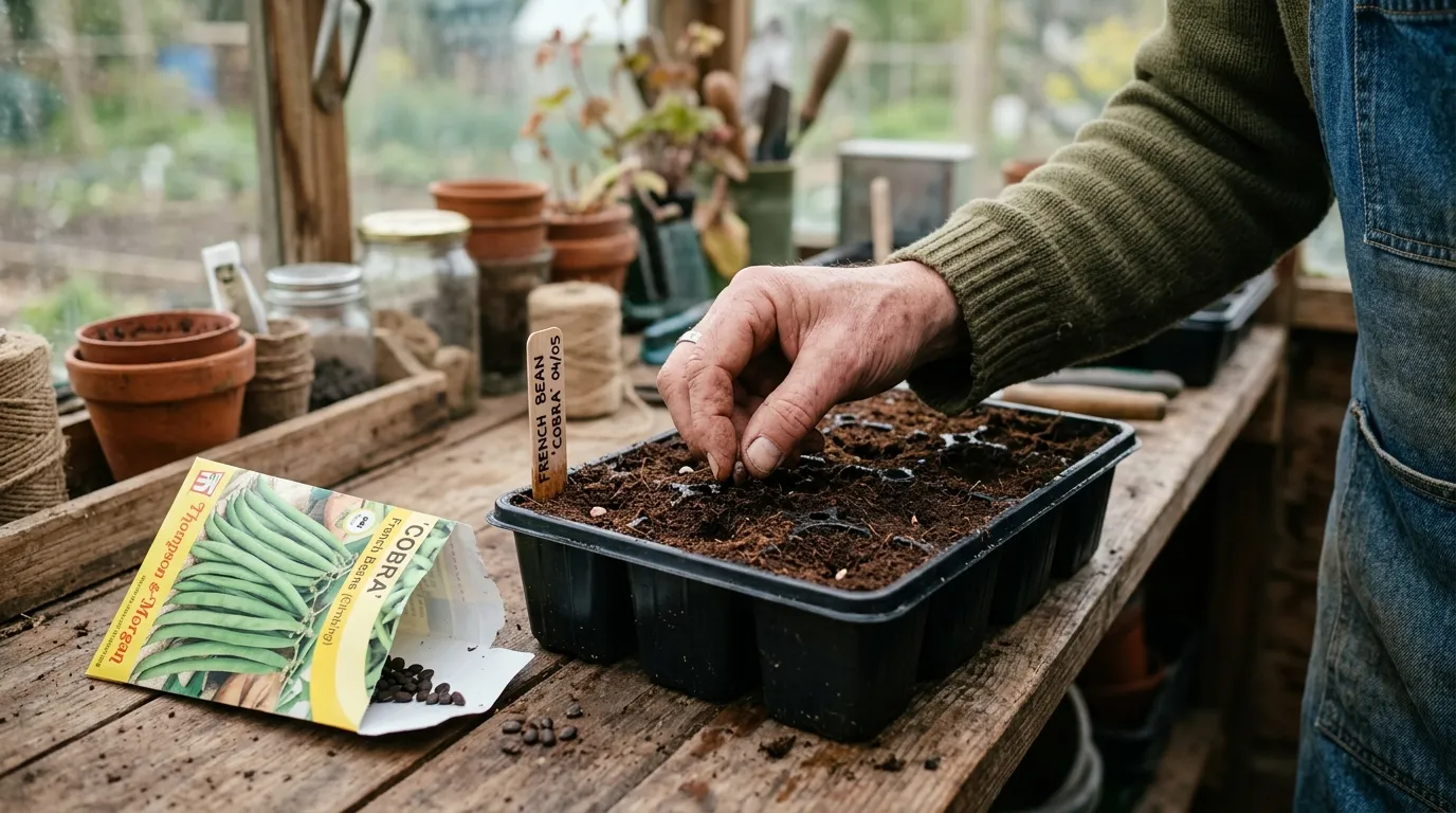 Hand sowing French bean Cobra seeds into 7cm modules of peat-free seed compost on a UK allotment bench in early May