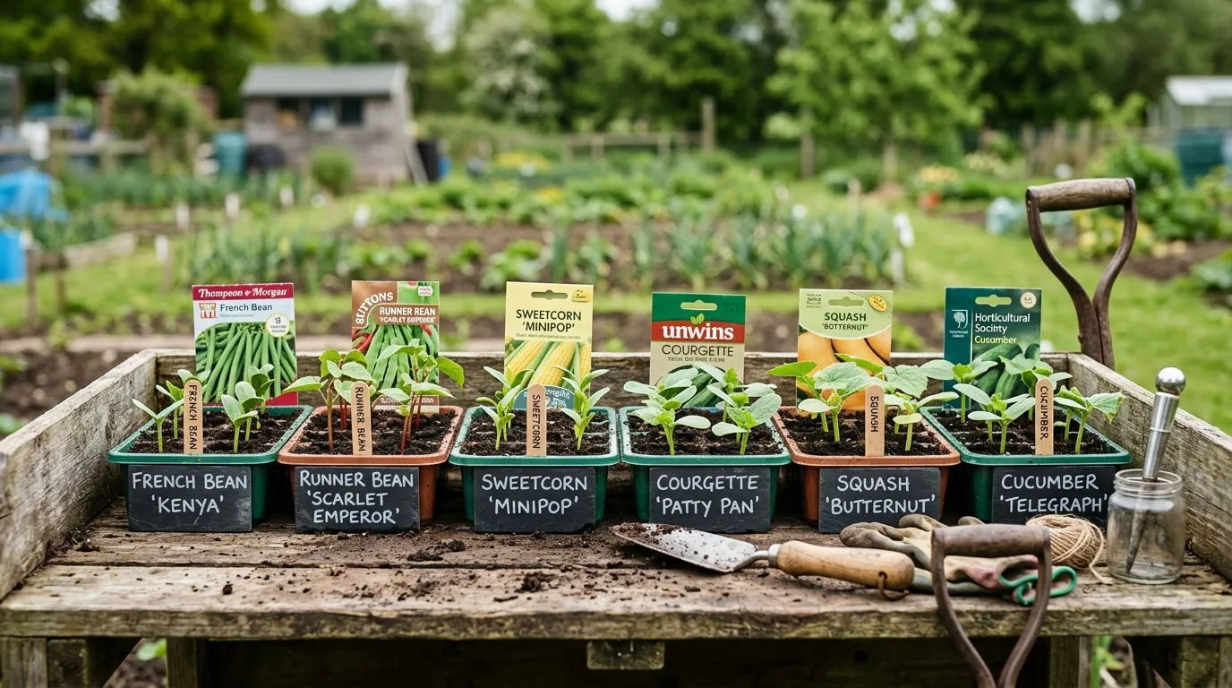 Six trays of French bean, runner bean, sweetcorn, courgette, squash and cucumber seedlings on a UK allotment bench in mid-May