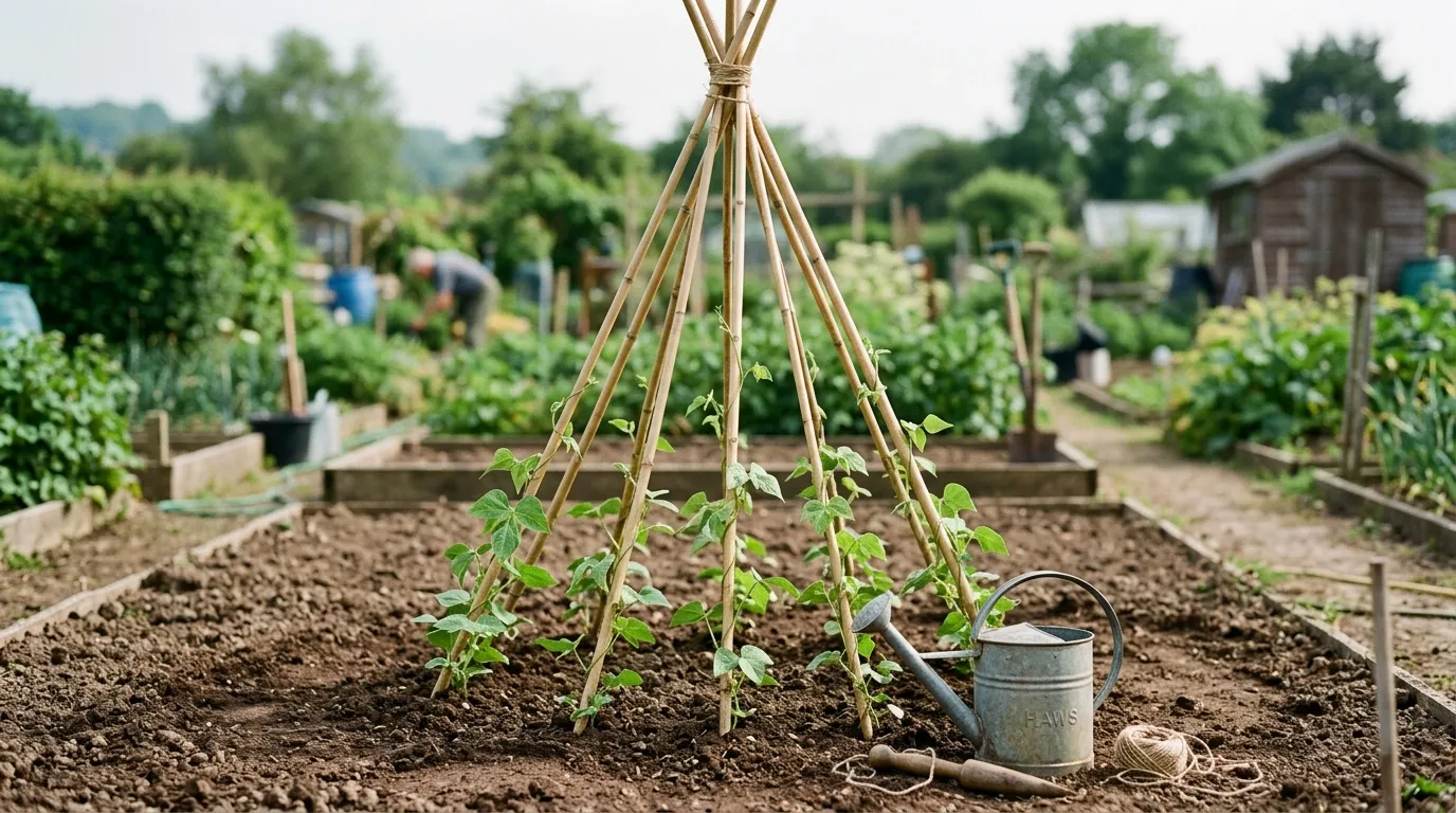 Classic UK runner bean wigwam of eight 2.4m bamboo canes with young plants climbing in late May, watering can at the base