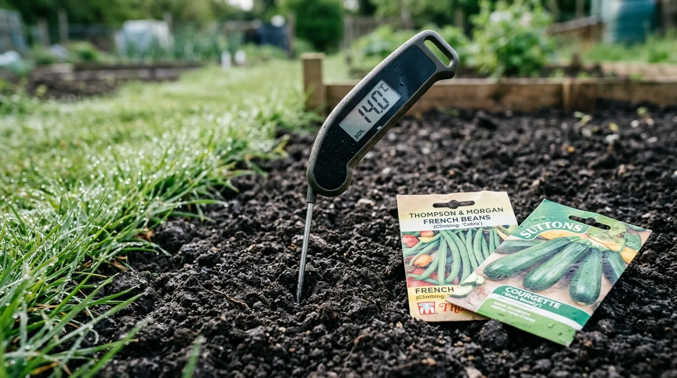 Soil probe reading 14C at 50mm depth on a sunny May morning in a Staffordshire allotment with seed packets and module trays ready