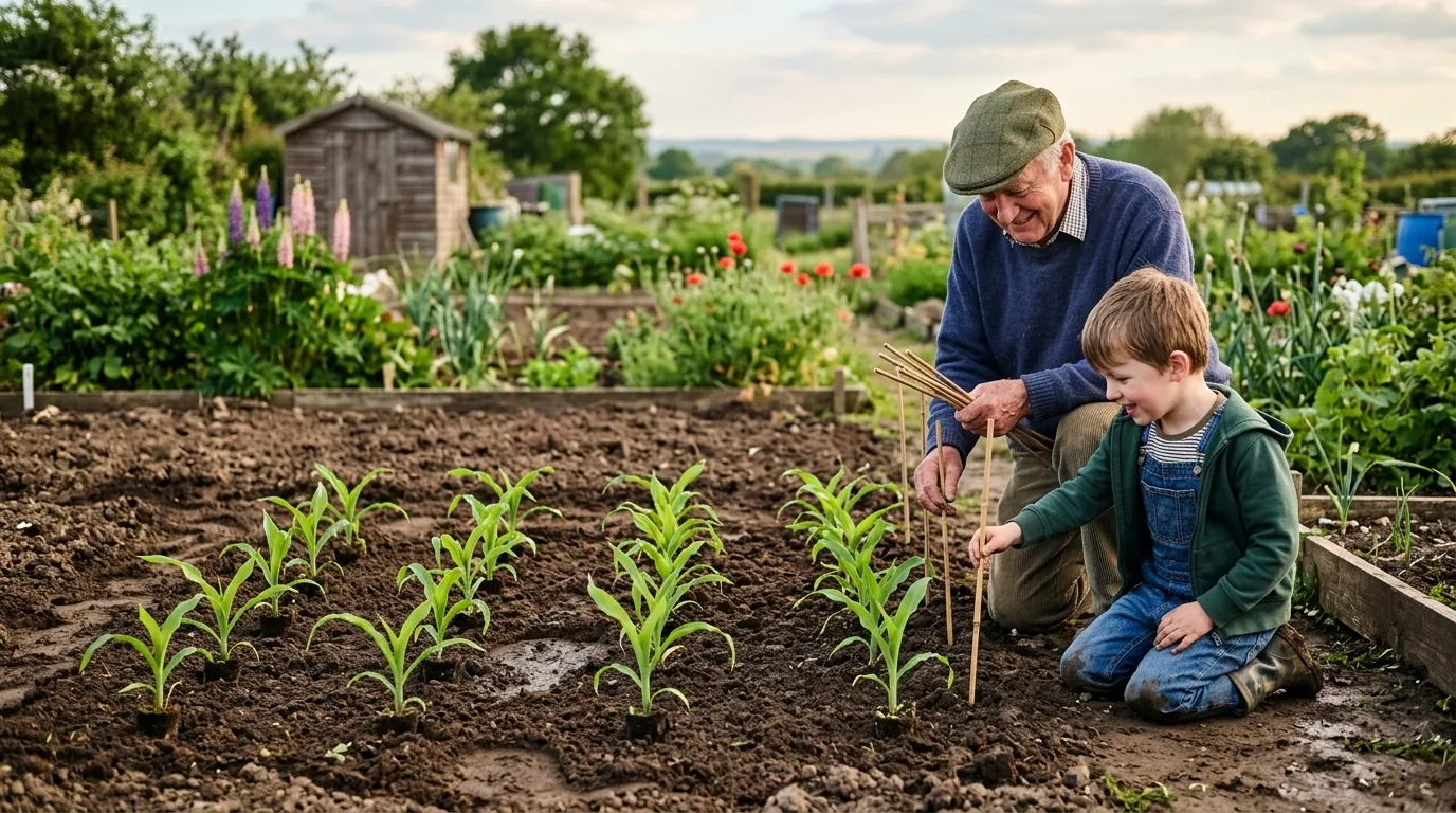 Sweetcorn seedlings being planted out in a 4 by 4 block on a 350mm grid in a Norfolk allotment in late May