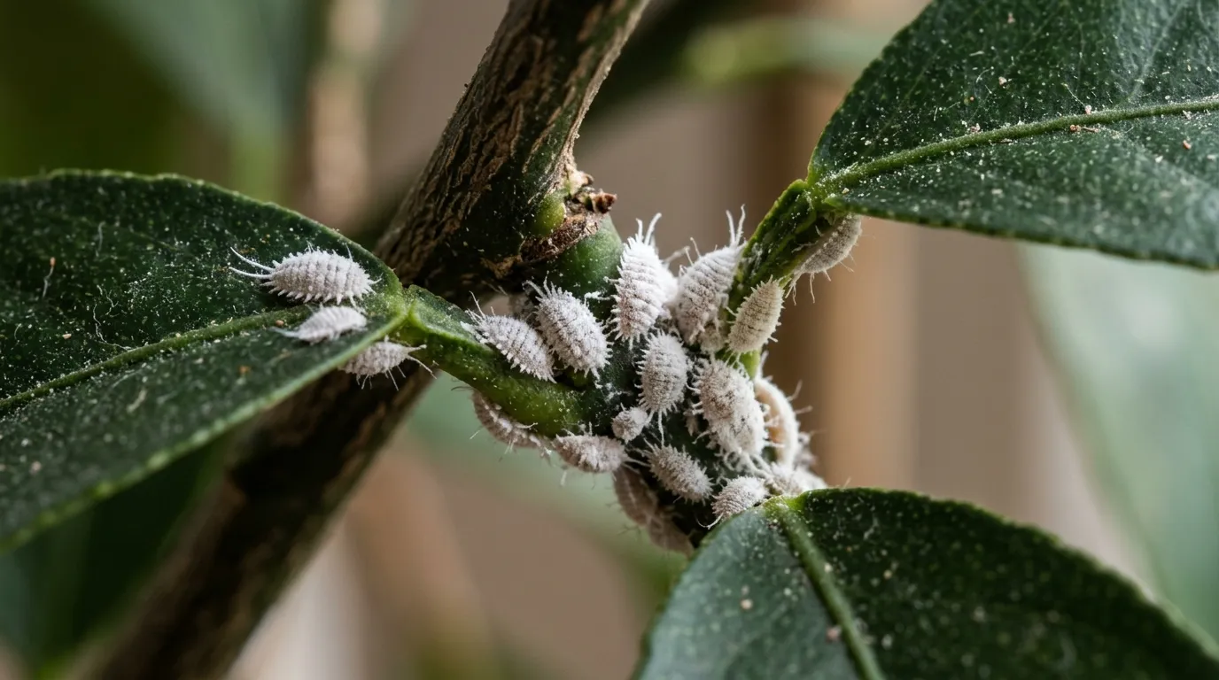 Citrus mealybug cluster in the leaf axil of a citrus plant showing white waxy coating
