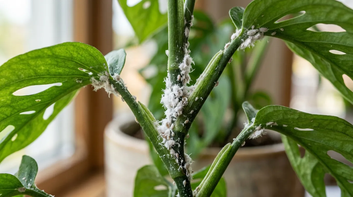 Mealybug infestation showing white waxy clusters on the leaf axils of a houseplant in a UK home