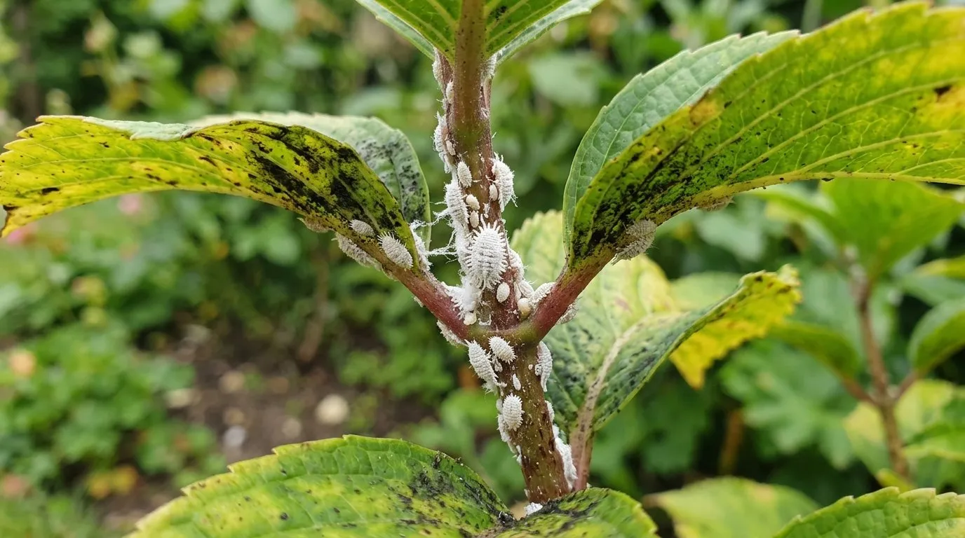 Close-up showing mealybug identification treatment on UK garden plant for identification