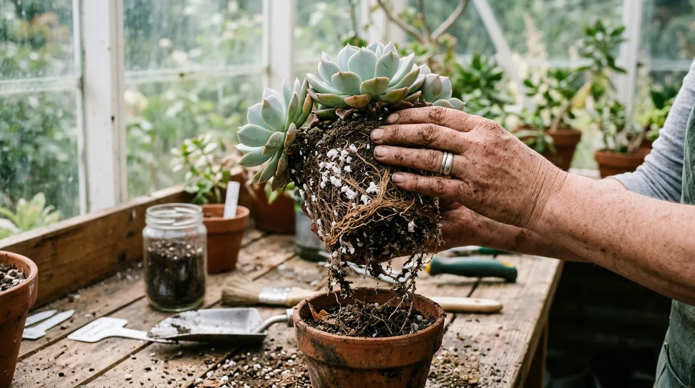 Root mealybug infestation visible as white waxy deposits on plant roots during repotting