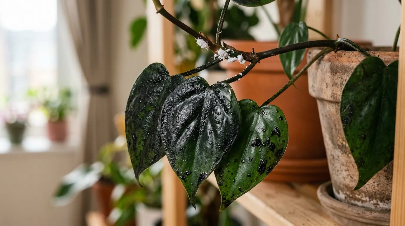 Black sooty mould growing on honeydew deposits on plant leaves from mealybug infestation
