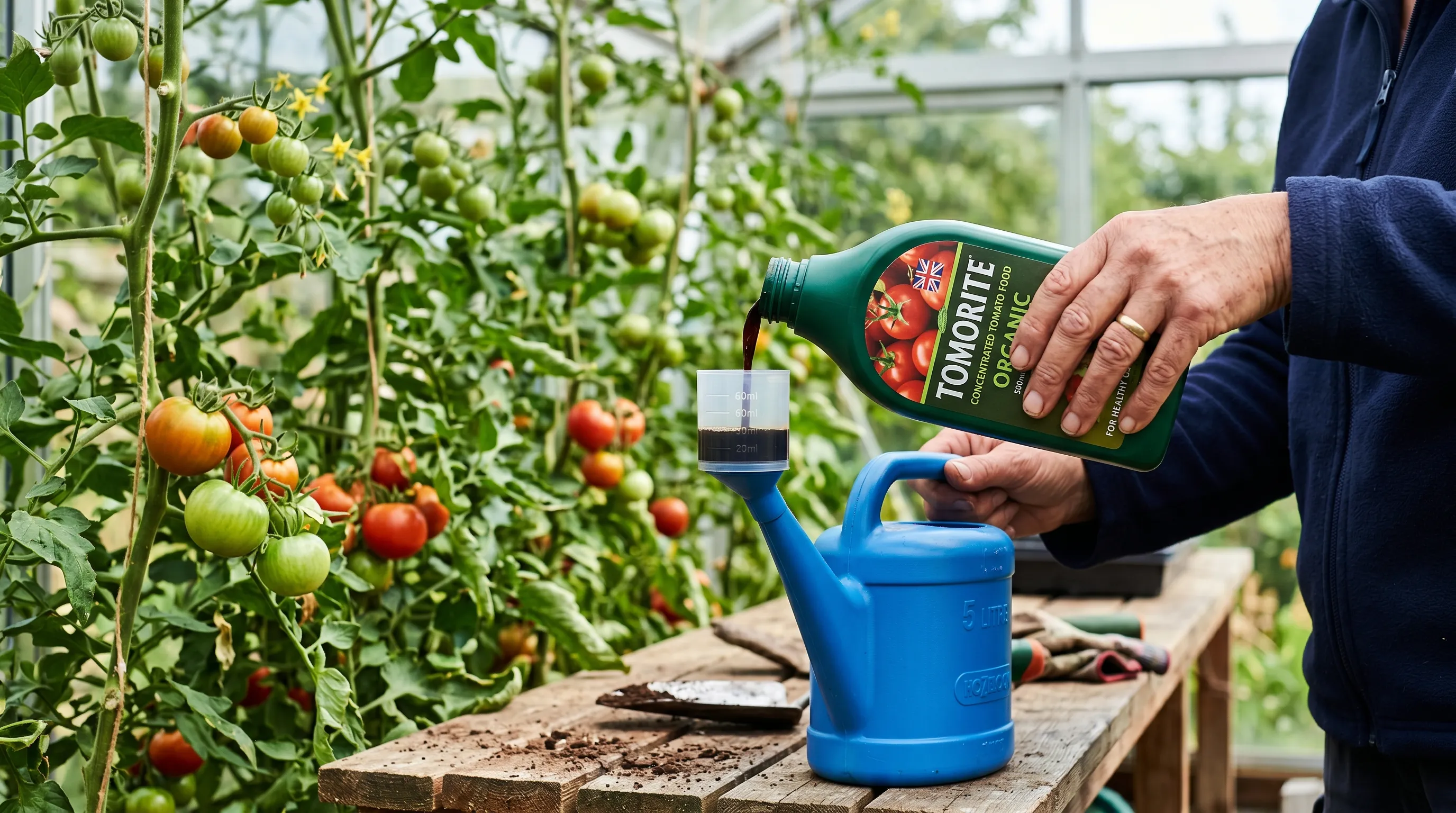 UK gardener's hand pouring liquid tomato feed concentrate into a 5-litre watering can with measuring cap in a sunlit greenhouse beside cordon tomato plants