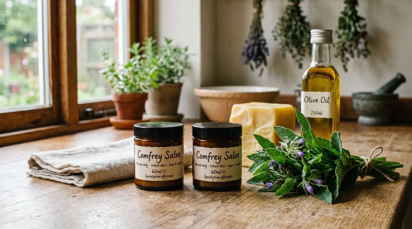 Two 60ml amber salve jars labelled comfrey topical only intact skin max 4 weeks on a UK kitchen workbench with fresh comfrey leaves, beeswax and olive oil in daylight