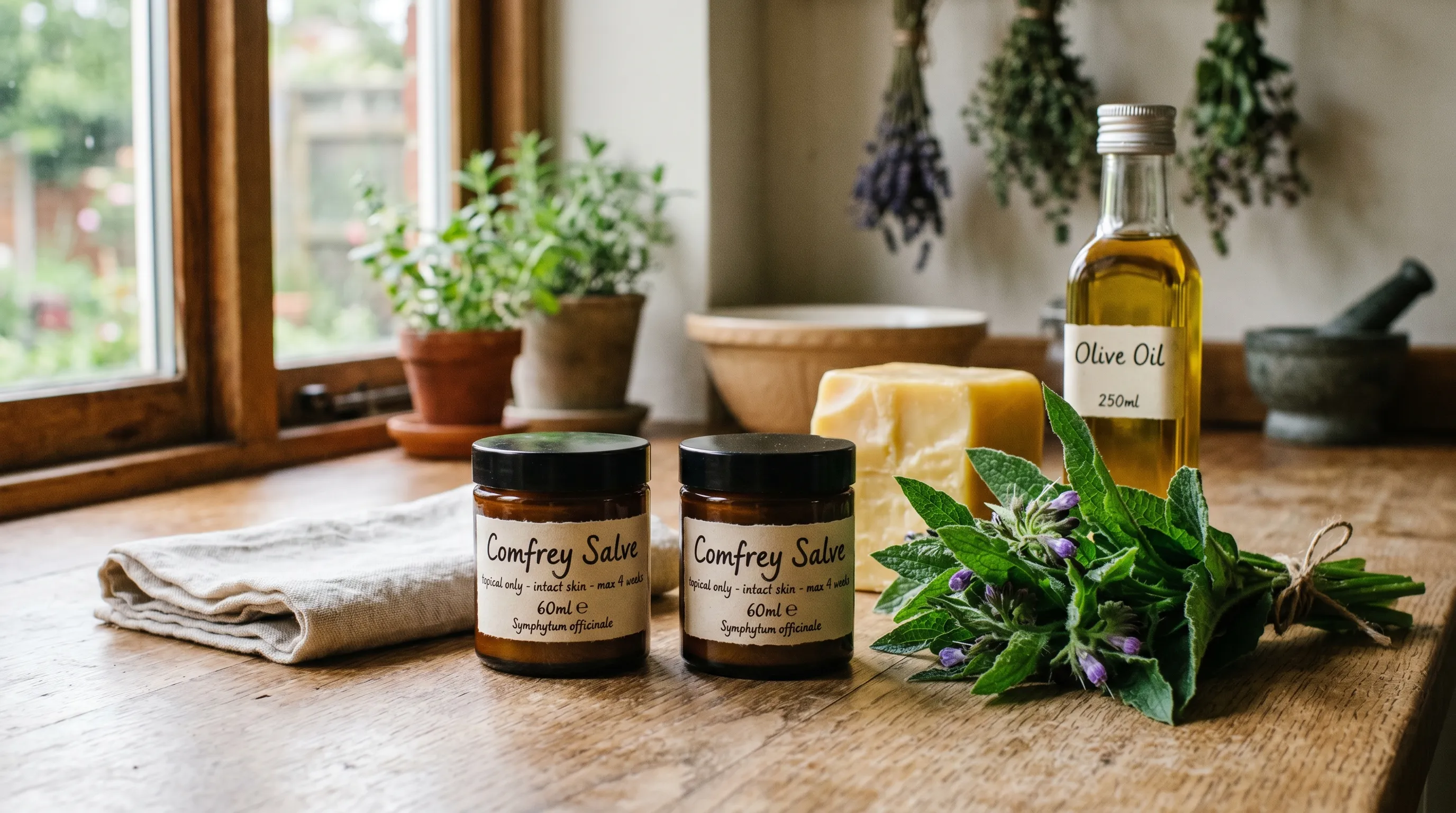 Two 60ml amber salve jars labelled comfrey topical only intact skin max 4 weeks on a UK kitchen workbench with fresh comfrey leaves, beeswax and olive oil in daylight