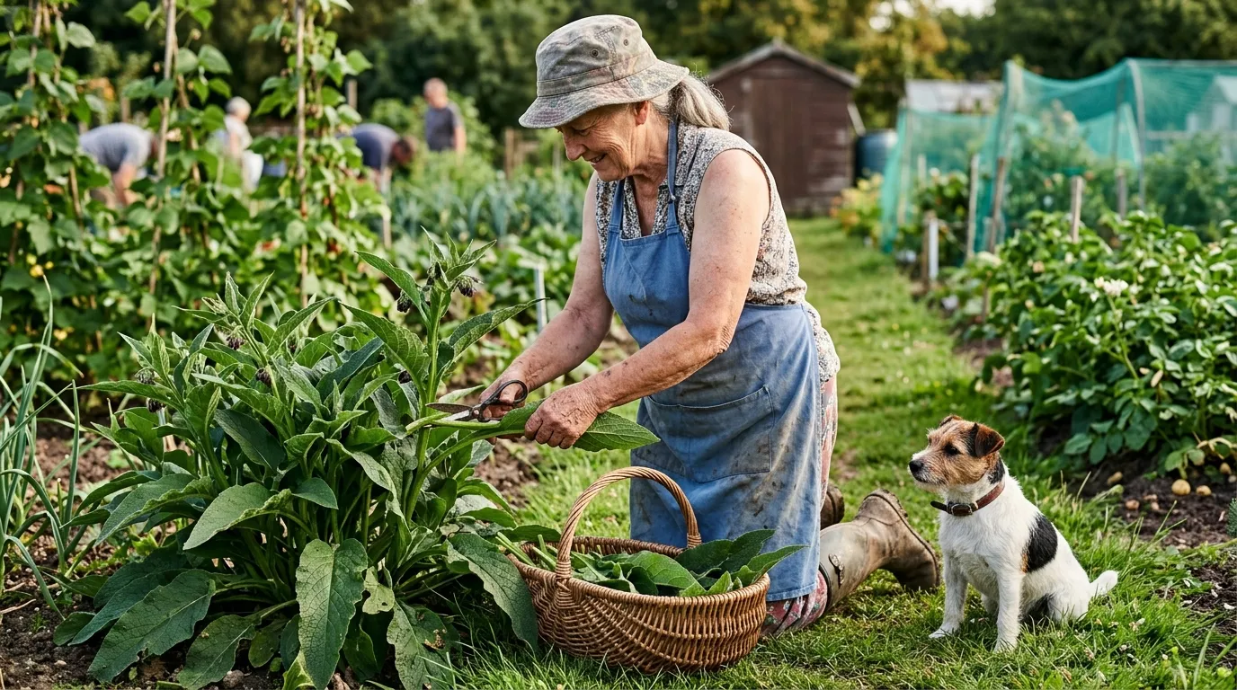 Elderly grandmother in gardening apron cutting fresh comfrey leaves into a wicker basket on a UK allotment with a small terrier dog beside her in warm afternoon sun