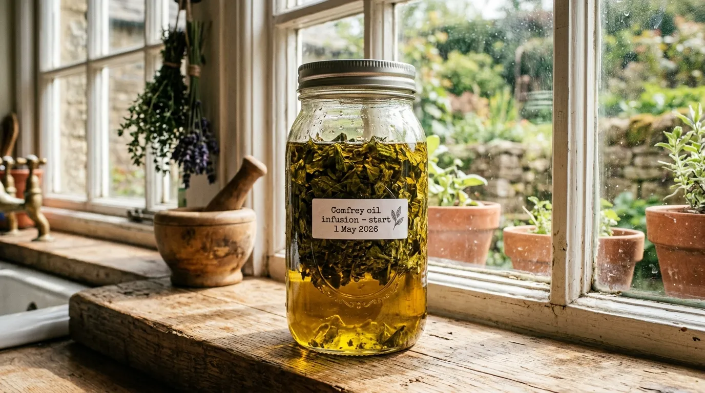 Dried chopped comfrey leaves submerged in golden olive oil in a clear glass mason jar on a sunny UK kitchen windowsill with a printed label reading comfrey oil infusion start 1 May 2026