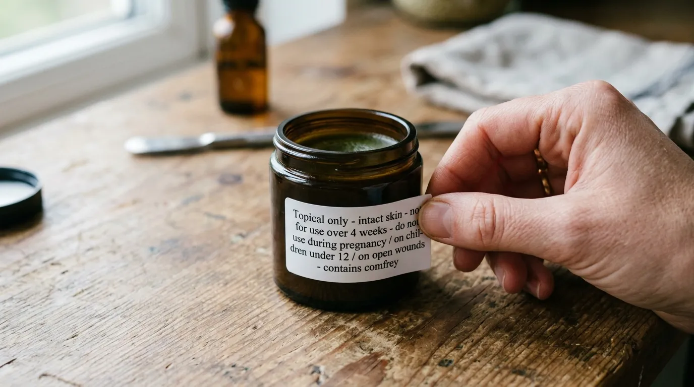 Macro close-up of a hand applying a printed cautions label to a 60ml amber comfrey salve jar with readable warning text about topical use only on intact skin and four week maximum