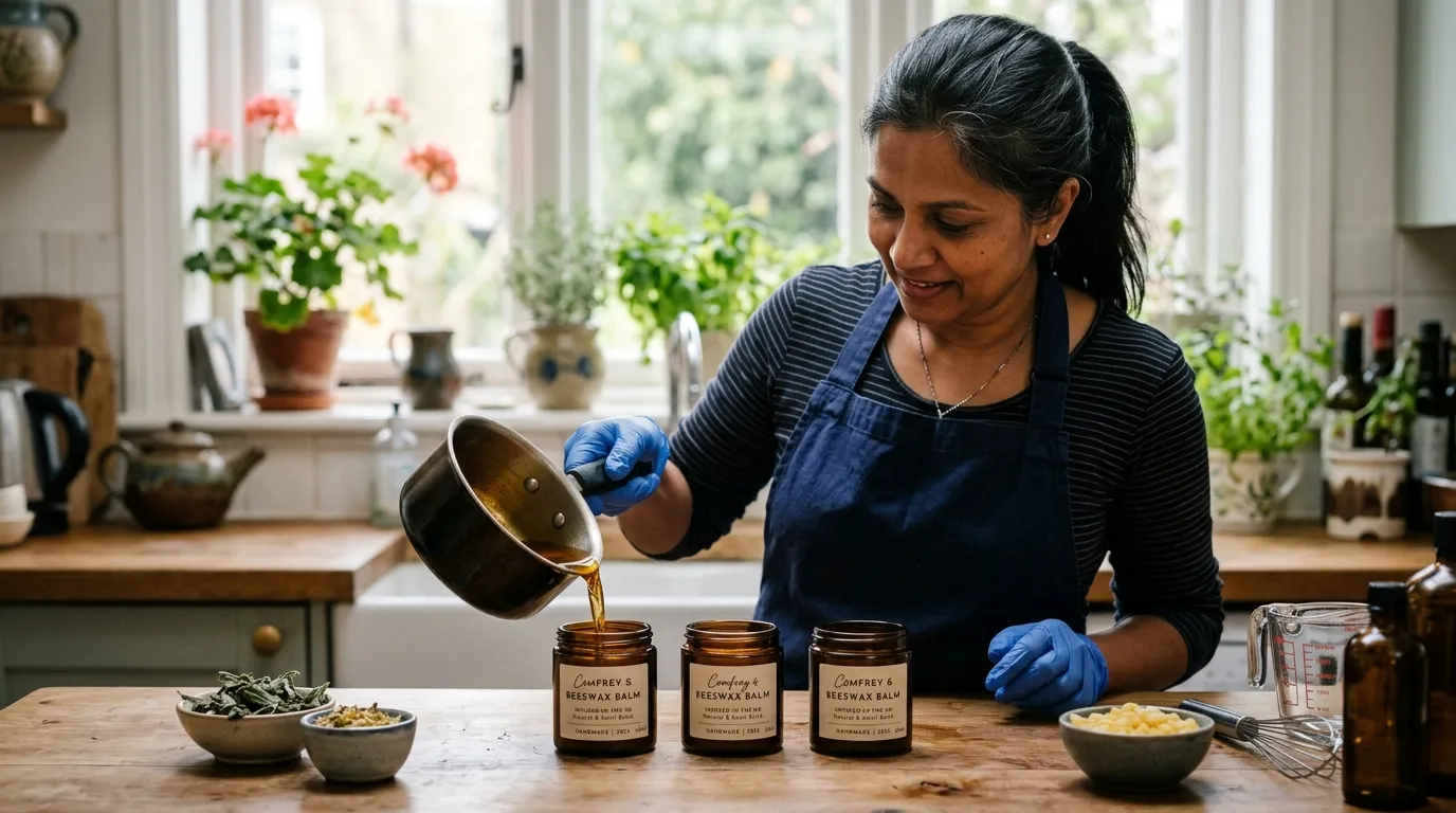 Sri Lankan British woman in kitchen apron and blue nitrile gloves pouring warm comfrey-infused olive oil and beeswax into three 60ml amber salve jars on a UK kitchen worktop in soft daylight