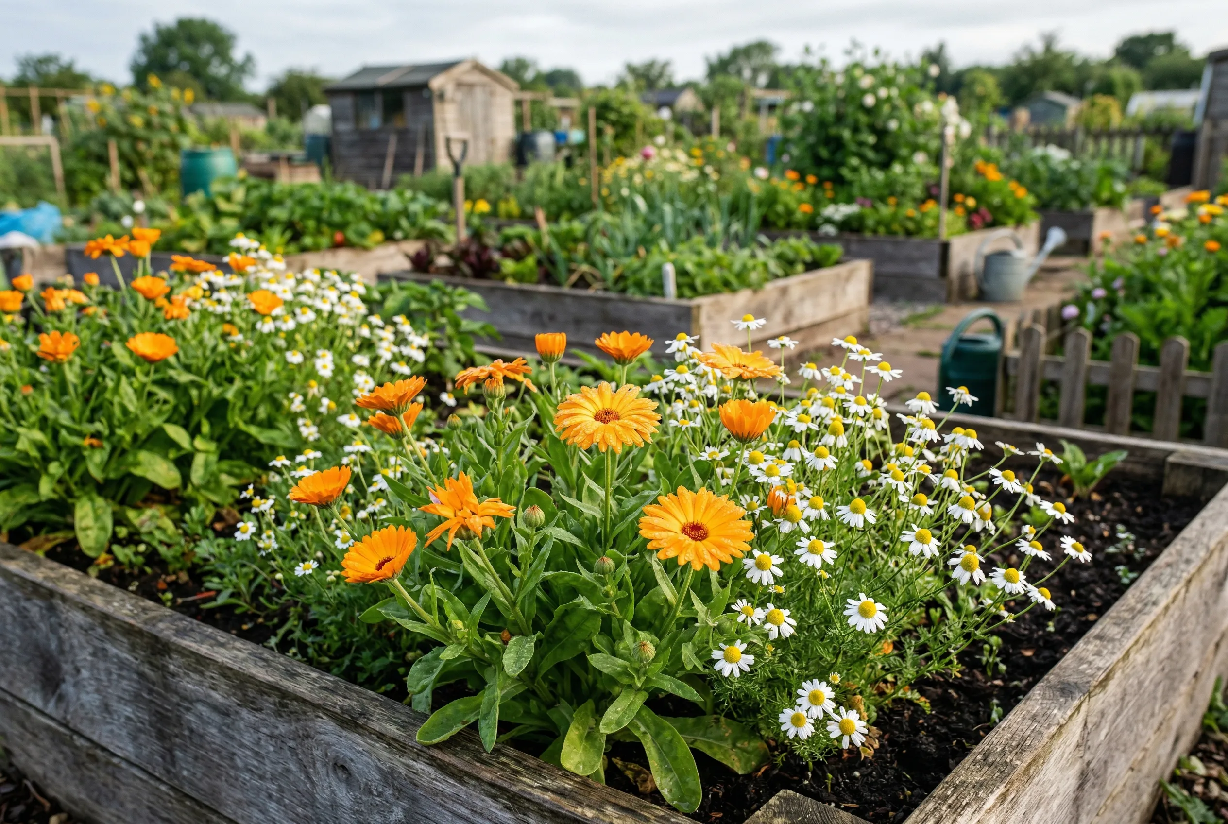 Calendula and chamomile growing in a medicinal herb garden raised bed
