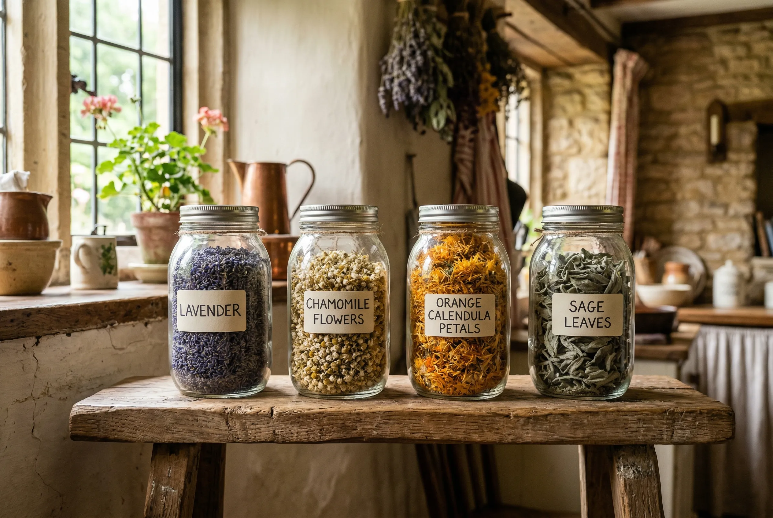 Dried medicinal herb garden harvest in glass jars on a wooden shelf