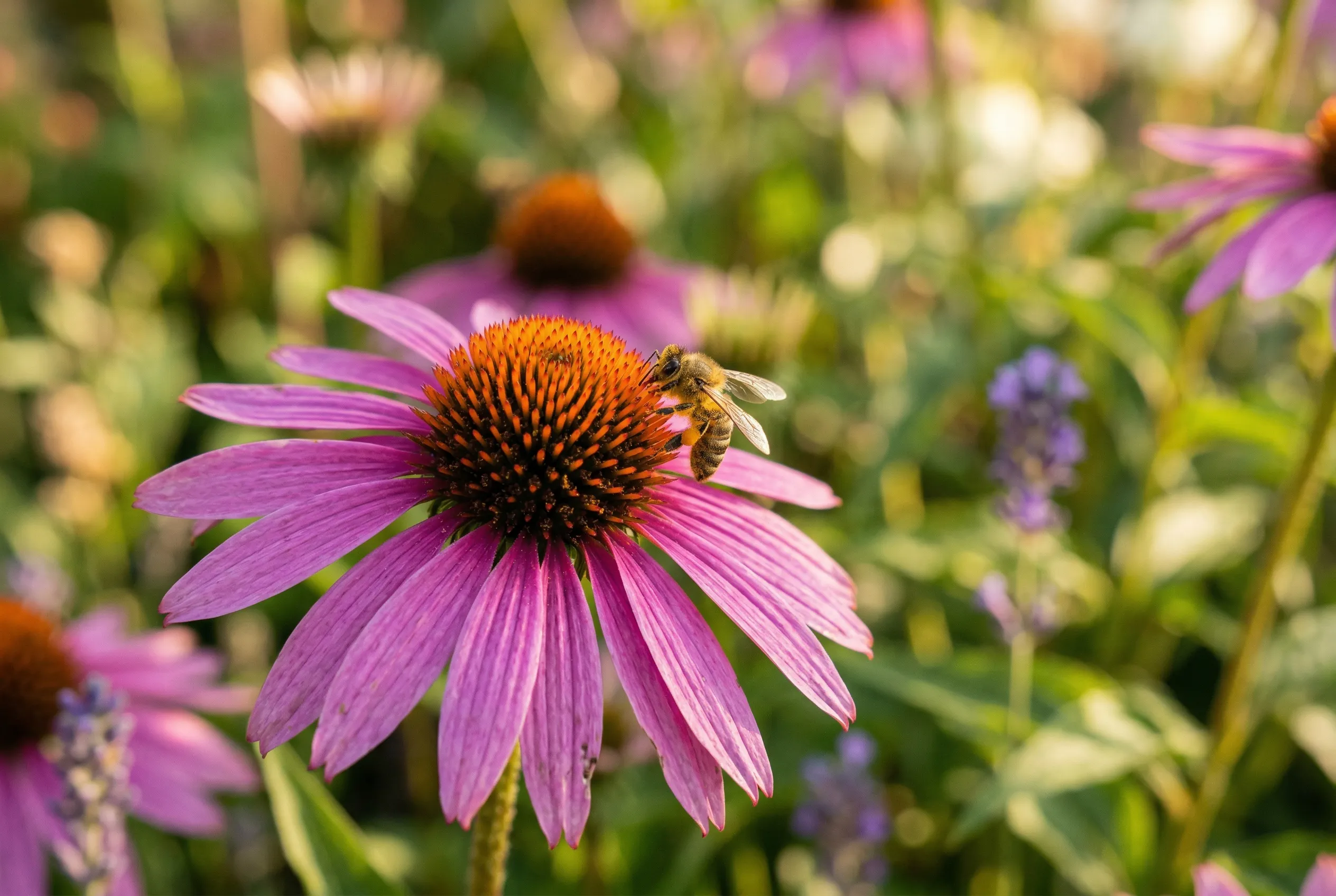 Echinacea flowers in a medicinal herb garden border with a bee visiting
