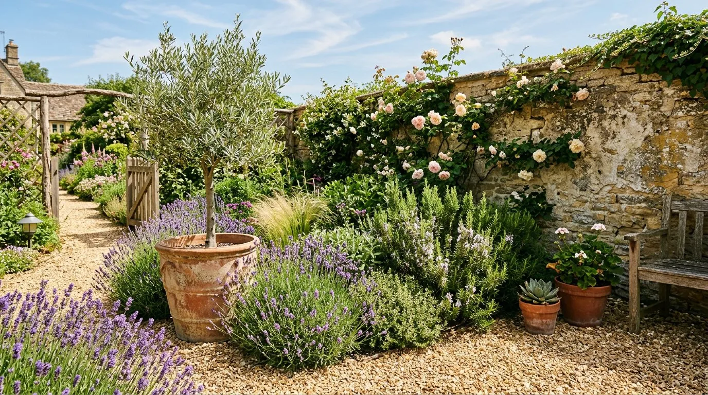 Mediterranean-style garden planting with lavender, rosemary, and olive tree in terracotta pot