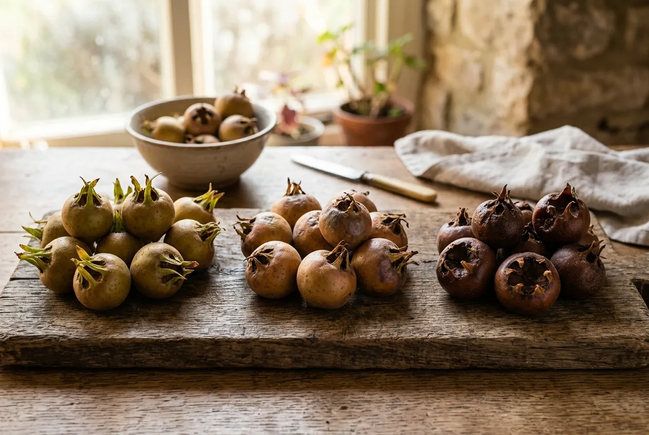 Medlar fruit in various stages of bletting on a rustic wooden board
