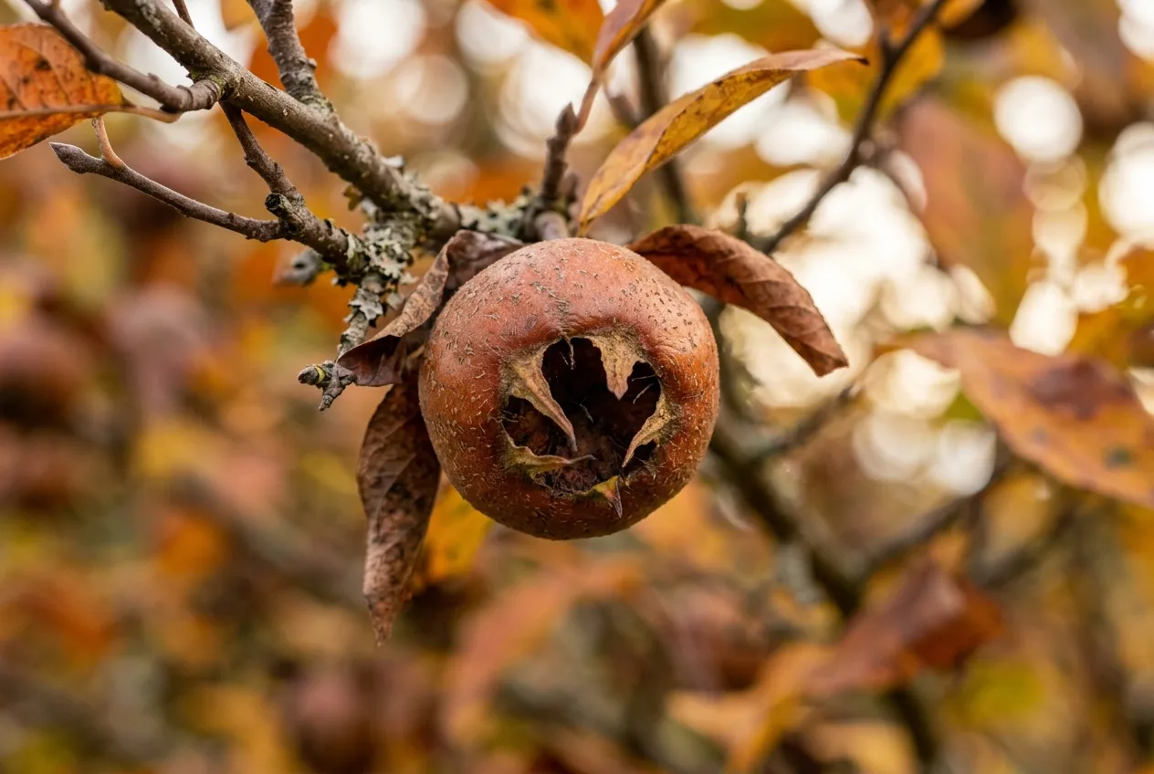 Close-up of medlar fruit showing the distinctive open calyx end on an autumn branch