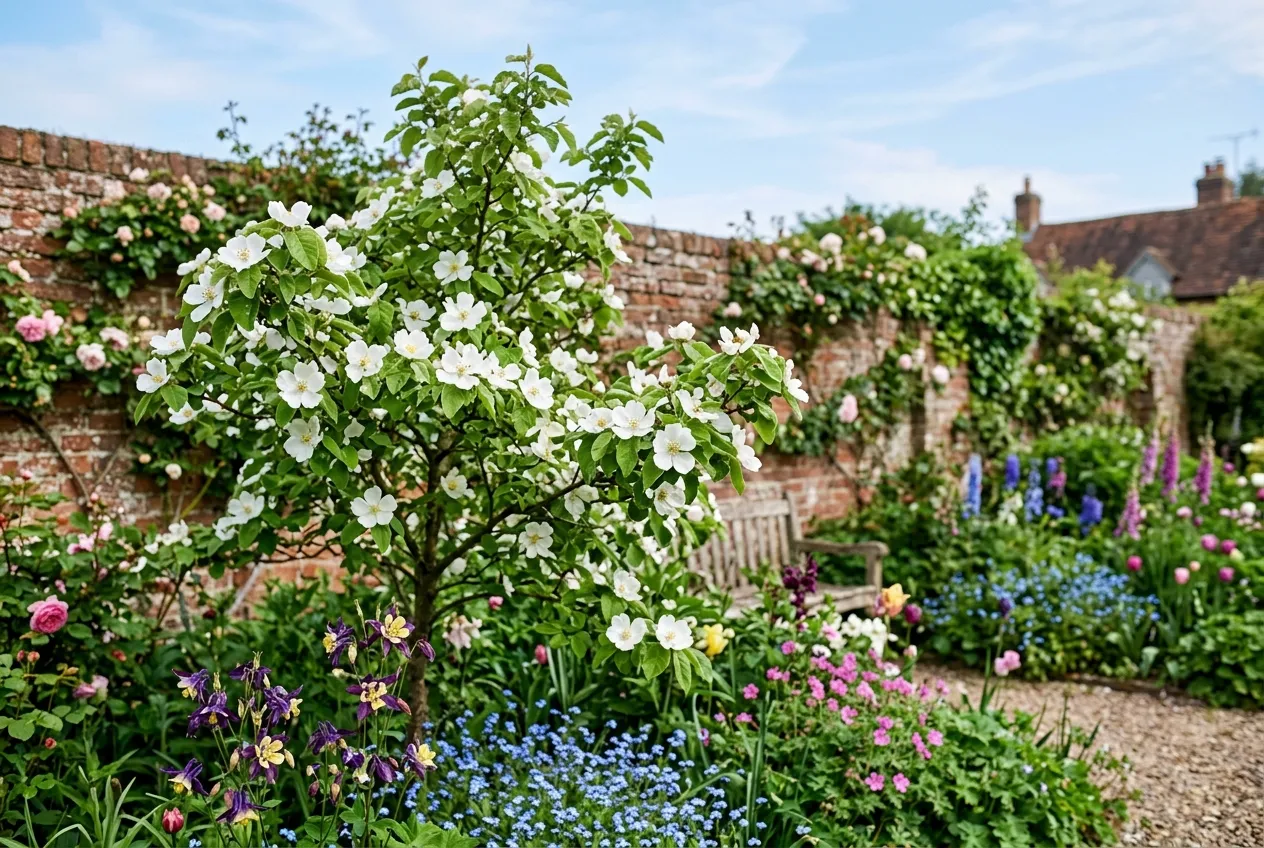 Medlar tree in full spring blossom with white flowers in a UK cottage garden