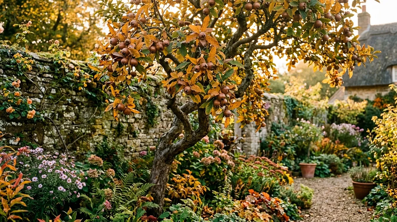 Mature medlar tree with fruit and golden autumn foliage in a traditional UK cottage garden