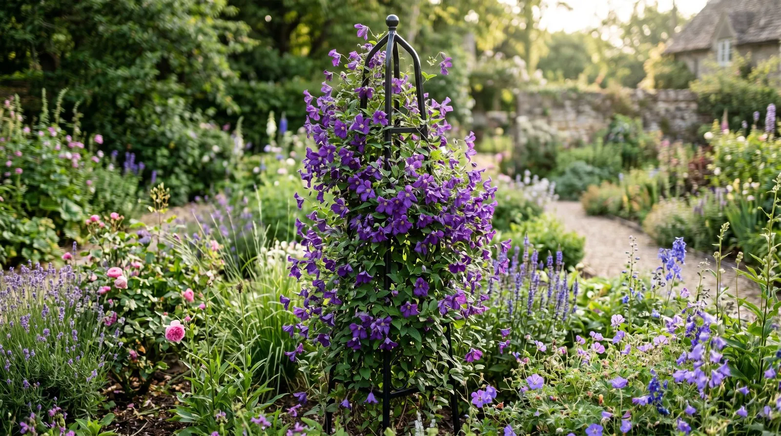 A smart metal garden obelisk covered in purple clematis viticella flowers rising from a mixed herbaceous border in summer