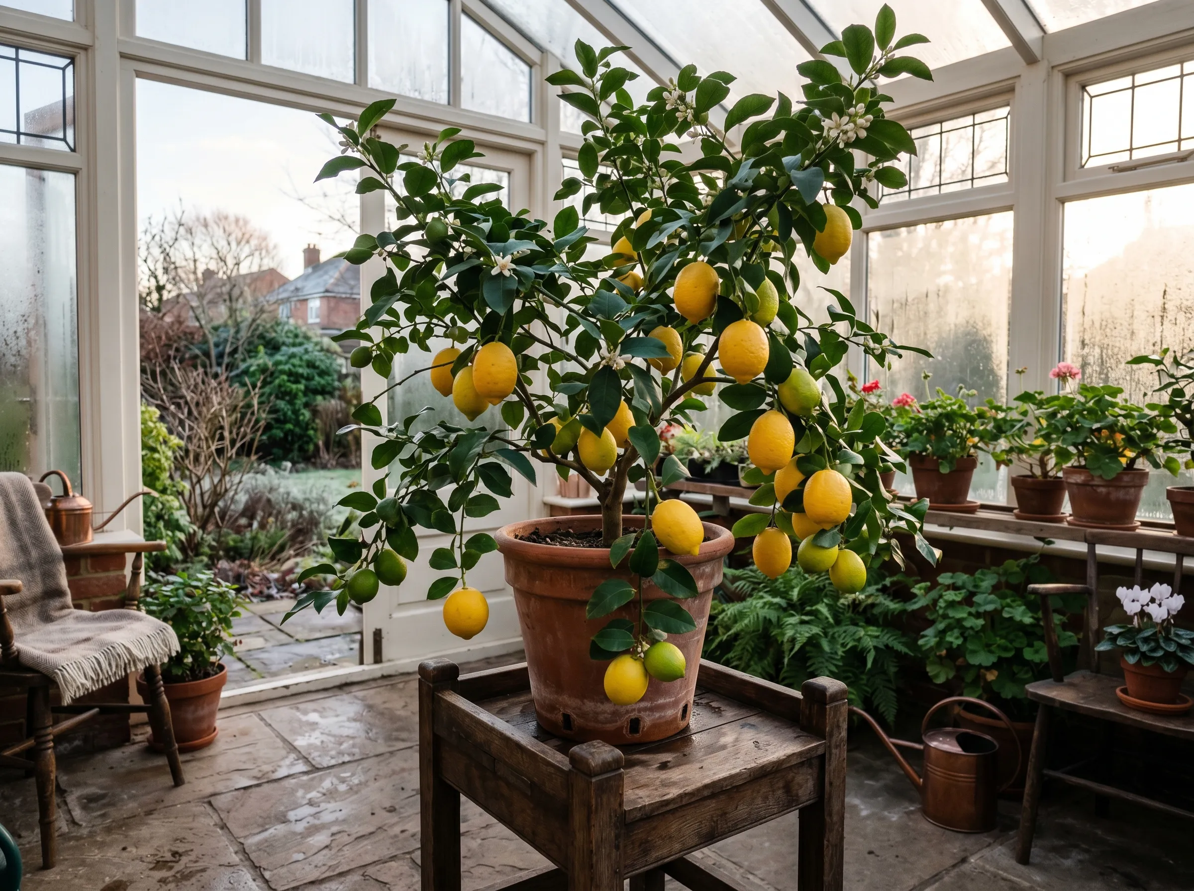 Indoor UK conservatory in winter showing a potted Meyer lemon in heavy fruit on a wooden plant stand, ripening yellow lemons on the branches, citrus foliage healthy, low winter sun coming through the glass