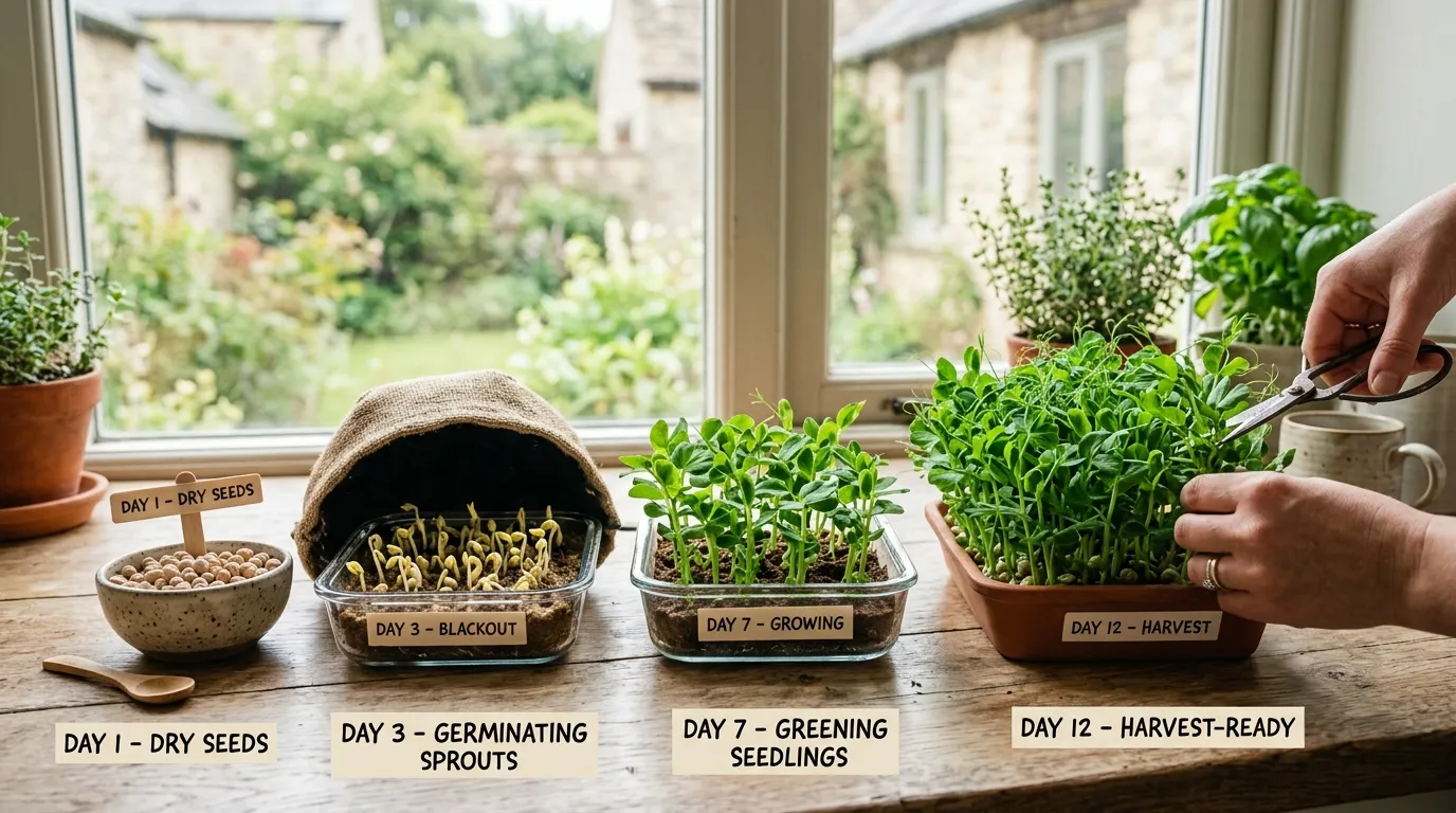 Step-by-step microgreen growing process from sowing to harvest